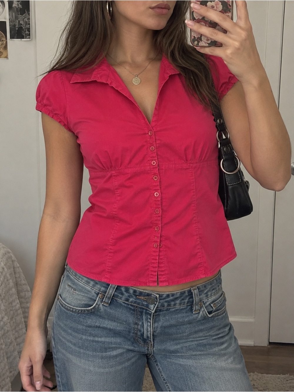 Dynamite Y2K Pink Cotton Button Up Blouse Puff Sleeves Collared Women M Coquette